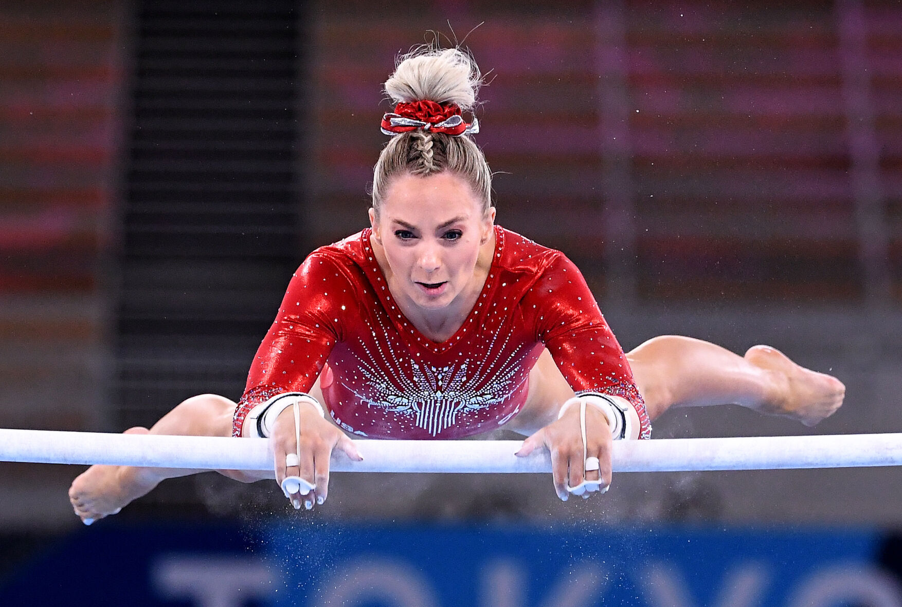 U.S. gymnast Mykayla Skinner competes on the uneven bars in the women's team qualifying at the 2020 Tokyo Olympics on Sunday, July 25, 2021.